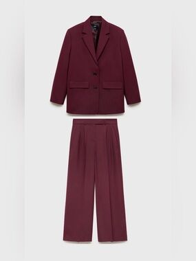 Mango Wool-Blend Burgundy Full Suit Blazer and pants